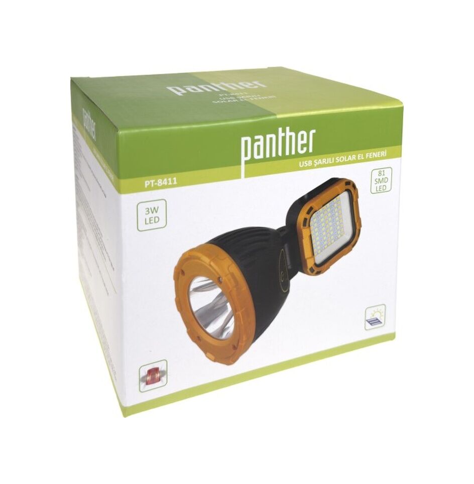 Panther Pt-8411 Usb Şarjlı Solar El Feneri Sarı - Siyah