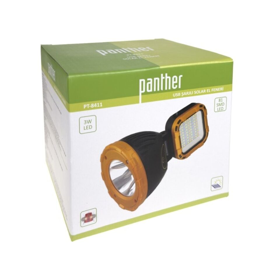 Panther Pt-8411 Usb Şarjlı Solar El Feneri Sarı - Siyah