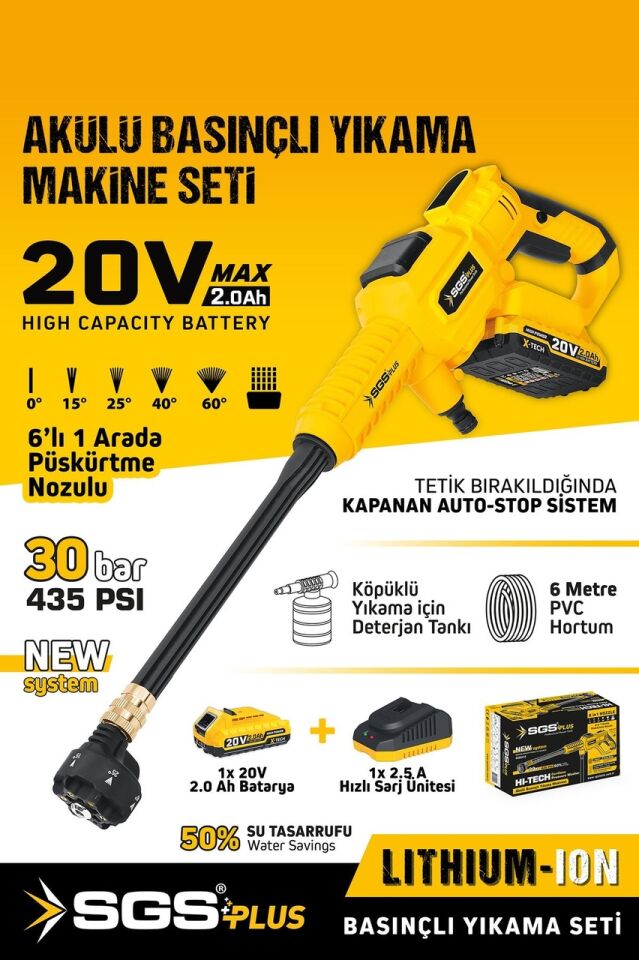 SGS AKÜLÜ BASINÇLI YIKAMA MAKİNESİ SETİ 30BAR 435PSI 1*2.0Ah SGS5410