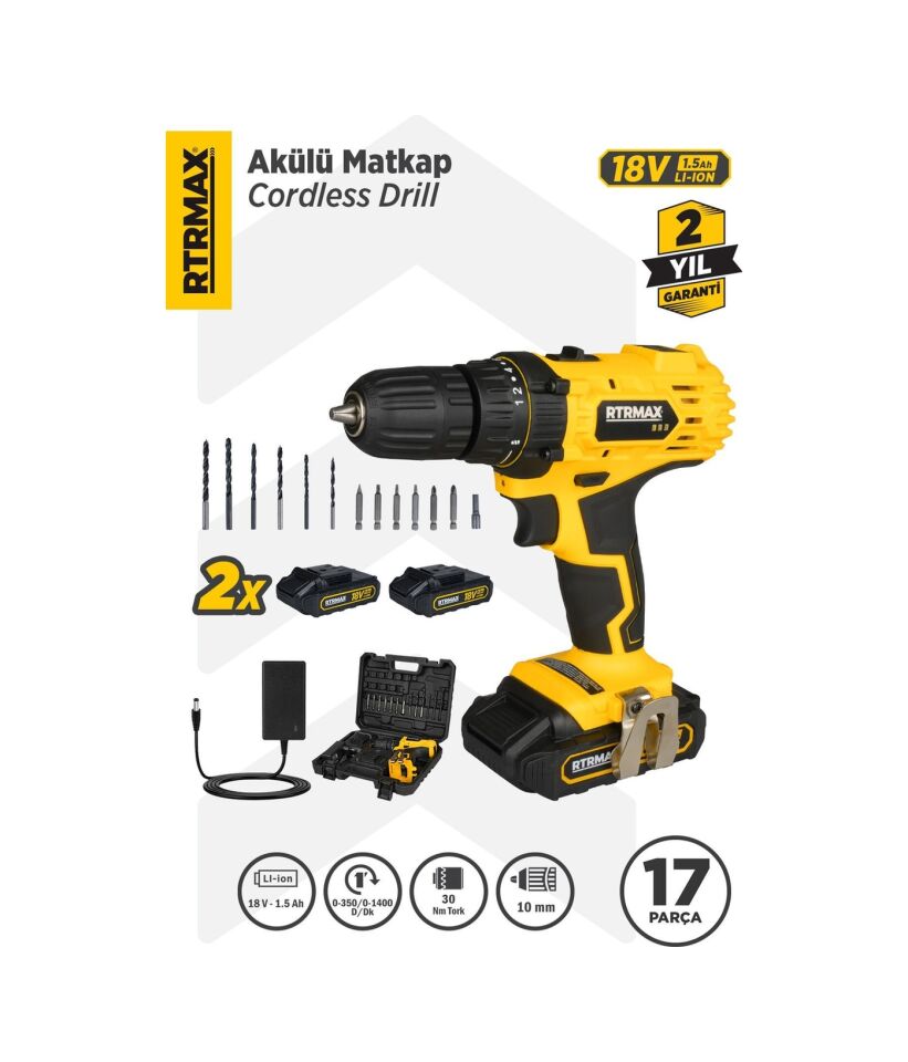 RTRMAX RTM350 Şarjlı Matkap Çift Akülü 30 Nm Li-ion 2x1.5 Ah - Akü Dahil