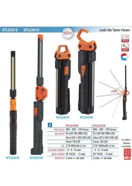 Nt Tools NTLE4018 Ledli Tamirci Feneri Çift Taraflı 400 + 200 Lümen