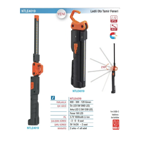 Nt Tools Ntle4019 Ledli Tamirci Feneri Çift Taraflı 600 + 300 Lümen Siyah - Turuncu