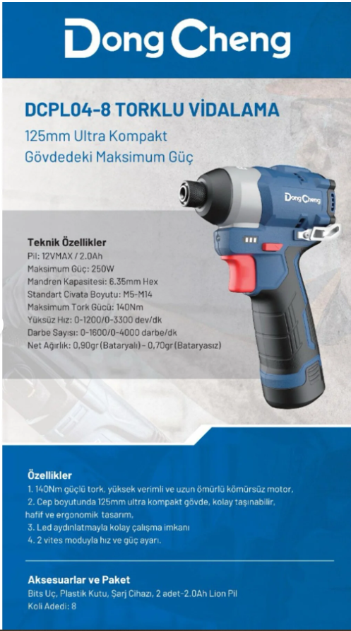 Dongcheng DCPL04-8 140 nm Torklu Vidalama 2.0 Ah Li-on Akülü Mandren Özellikleri ve Ergonomik Tasarım