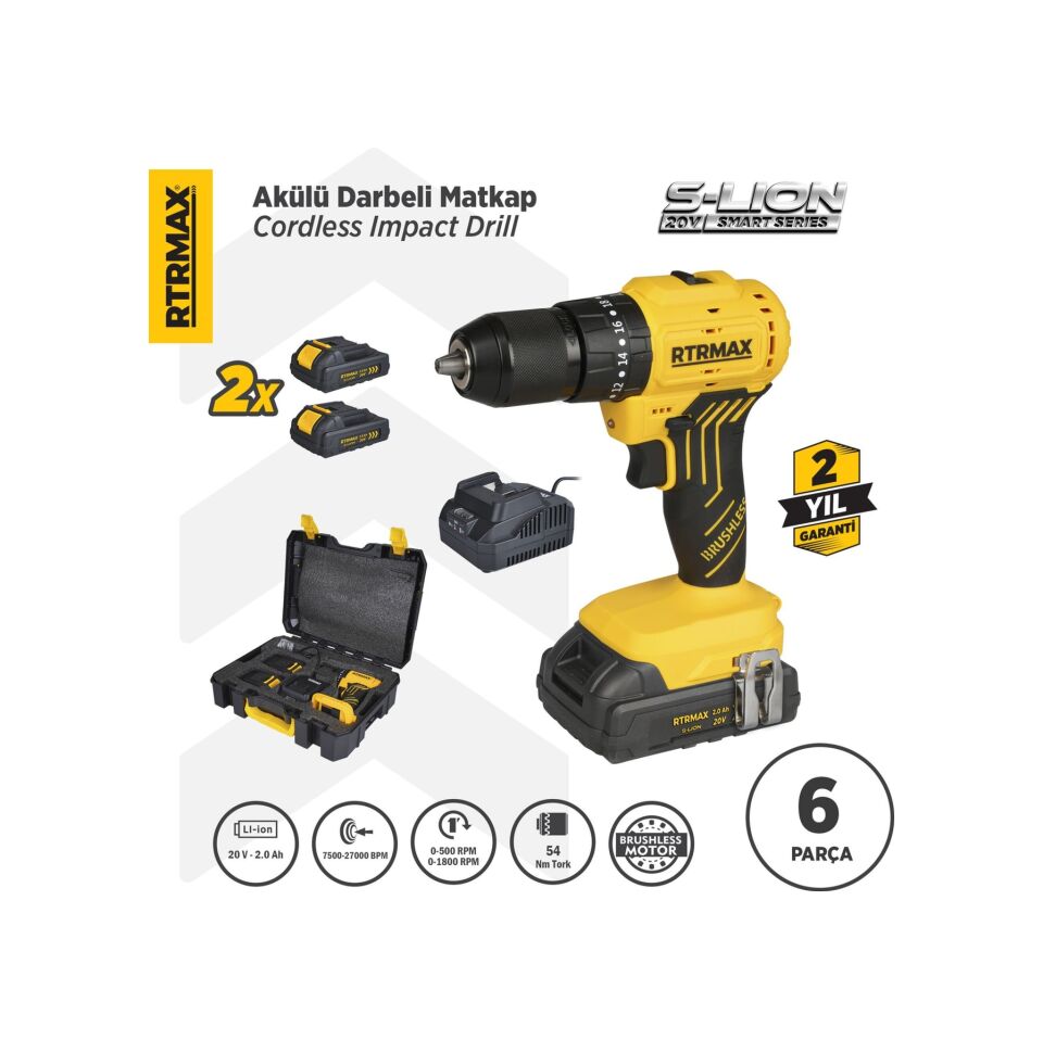 Rtrmax RTS5012 Şarjlı Darbeli Matkap Kömürsüz 54 Nm 2x2 Ah 20V Çift Akü S-Lion