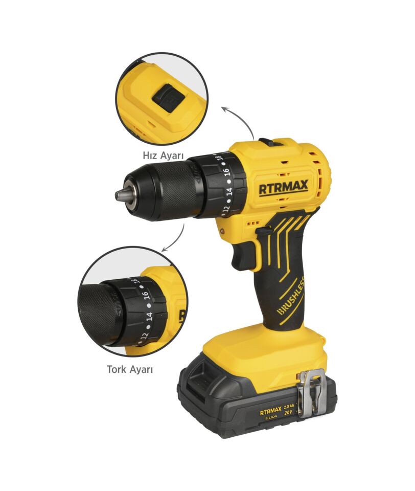 Rtrmax RTS5012 Şarjlı Darbeli Matkap Kömürsüz 54 Nm 2x2 Ah 20V Çift Akü S-Lion