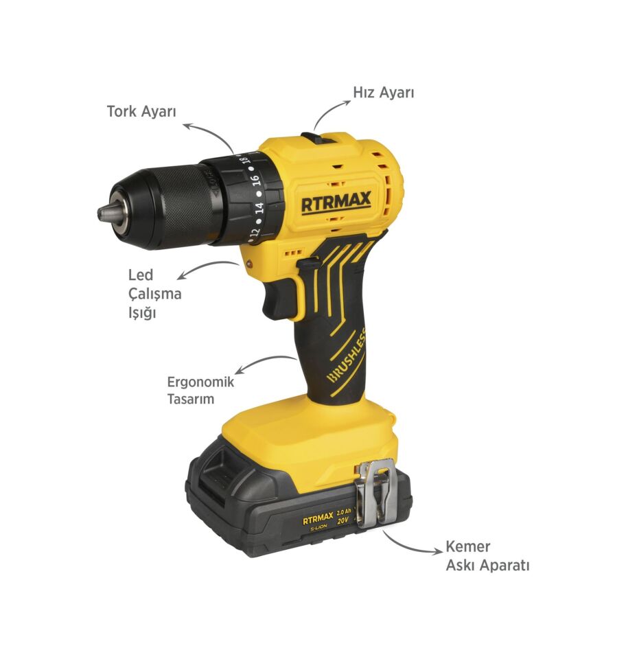 Rtrmax RTS5012 Şarjlı Darbeli Matkap Kömürsüz 54 Nm 2x2 Ah 20V Çift Akü S-Lion