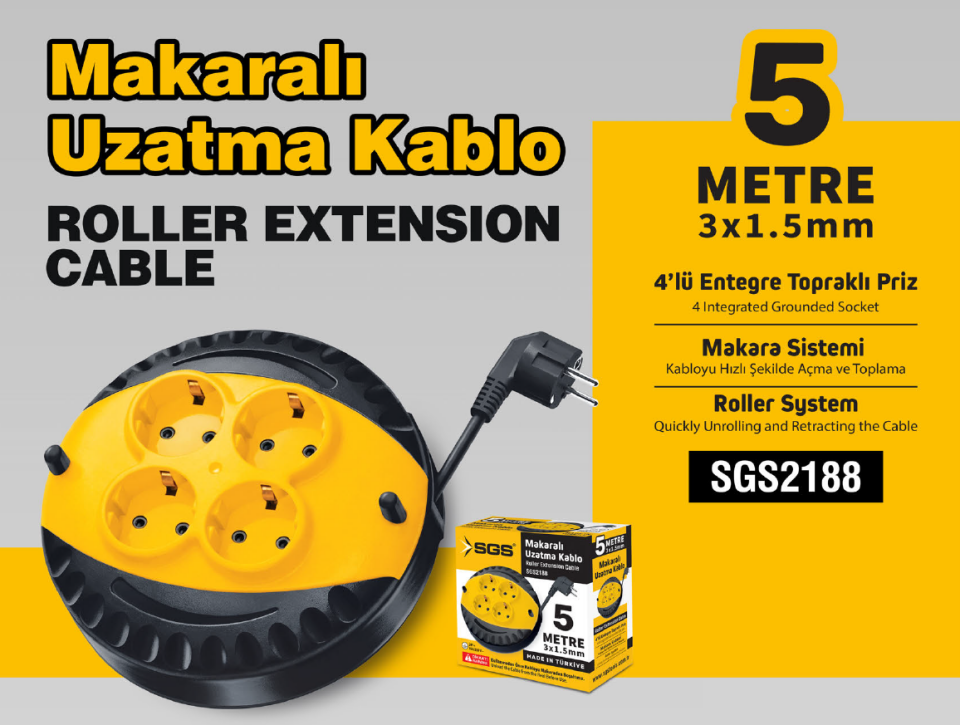 SGS2188 - 5 Metre Makaralı Uzatma Kablo 4 Lü Priz