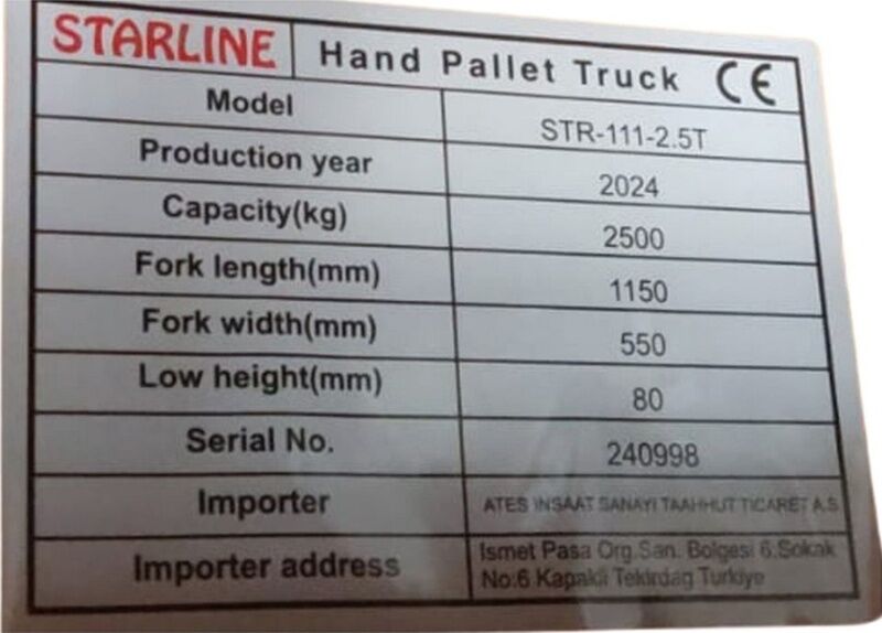 TRANSPALET STARLINE 2.5 TON -net fiyat