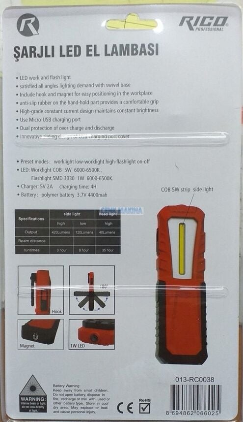 Rico 013-RC0038 420 Lümen Şarjlı Mıktanıslı Led El Feneri Kırmızı - Siyah