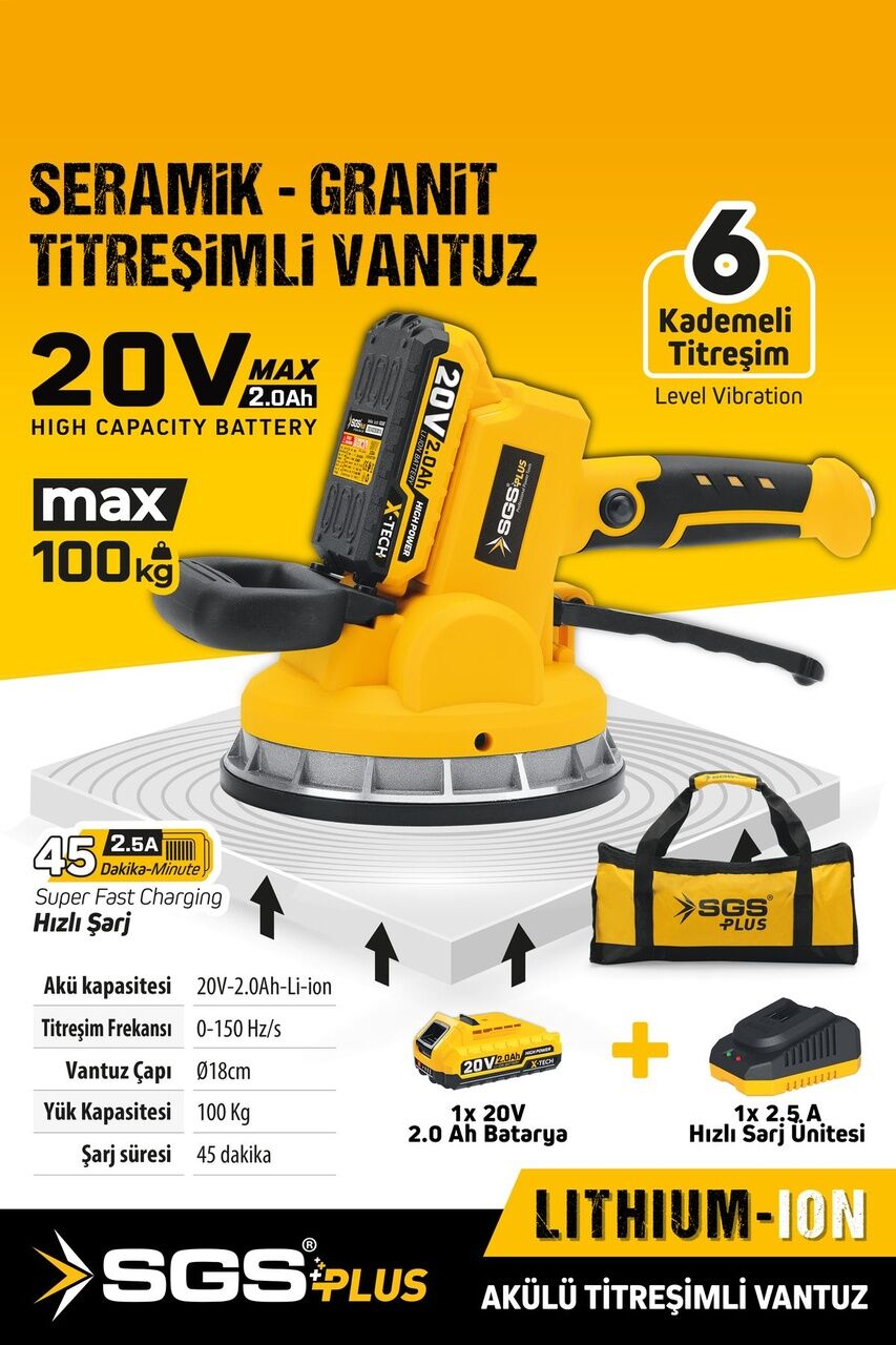 Sgs5415 20 Volt 2 Amper Akülü Titreşimli Vantuz Seramik Granit Mermer Kiremit Döşeme Makinesi