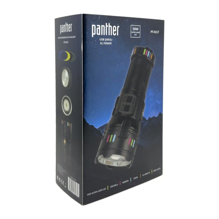 PANTHER PT-4117 USB Şarjlı El Feneri 50W 6000 Lumen Lazer & Led Zoom Dimmer Powerbank Tripod Uyumlu Renkli Lensler