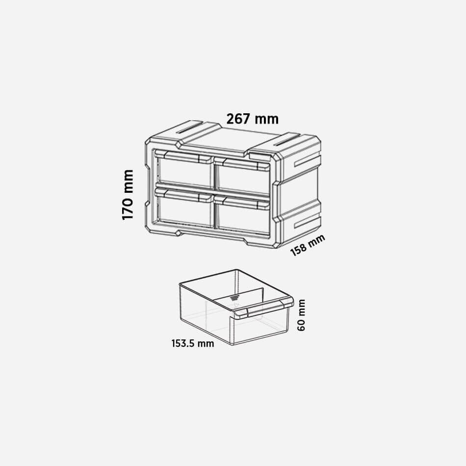 RTR RCA6013 Modüler Monoblok Çekmece Seti 4’lü Darbelere Dayanıklı Organizer Vida Parça Kutusu 267x158x170 mm