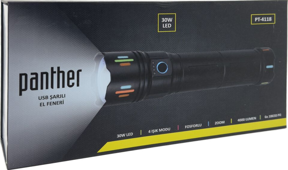 PANTHER USB ŞARJLI EL FENERİ PT-4118
