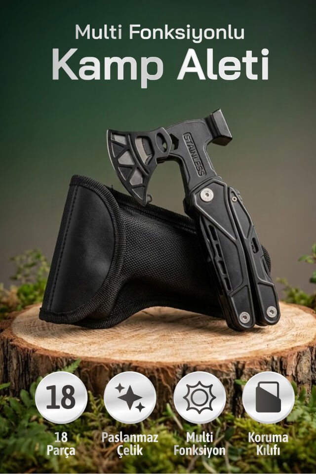 ERA06931 18 Fonksiyonlu Çok Amaçlı Kamp Aleti Balta Çekiç Pense Tornavida Seti Testere Düdük Kılıflı